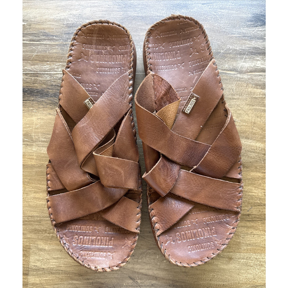 Pikolinos Tarifa Slide Sandals Men 42 Brown Leather Slip On Comfort